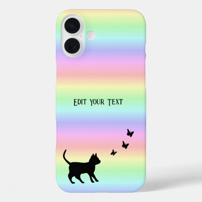 Schwarze Katze und Schmetterling auf Regenbogen Case-Mate iPhone Hülle (Rückseite)
