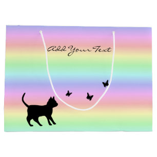 Schwarze Katze und Schmetterling auf Regenbogen Große Geschenktüte
