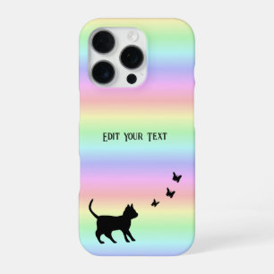 Schwarze Katze und Schmetterling auf Regenbogen iPhone 16 Pro Hülle