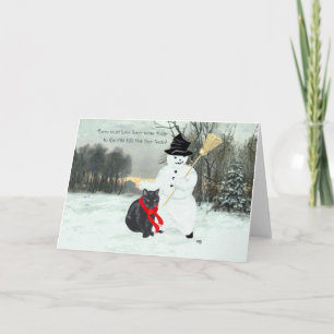 Schwarze Katze und Schneemann Feiertagskarte