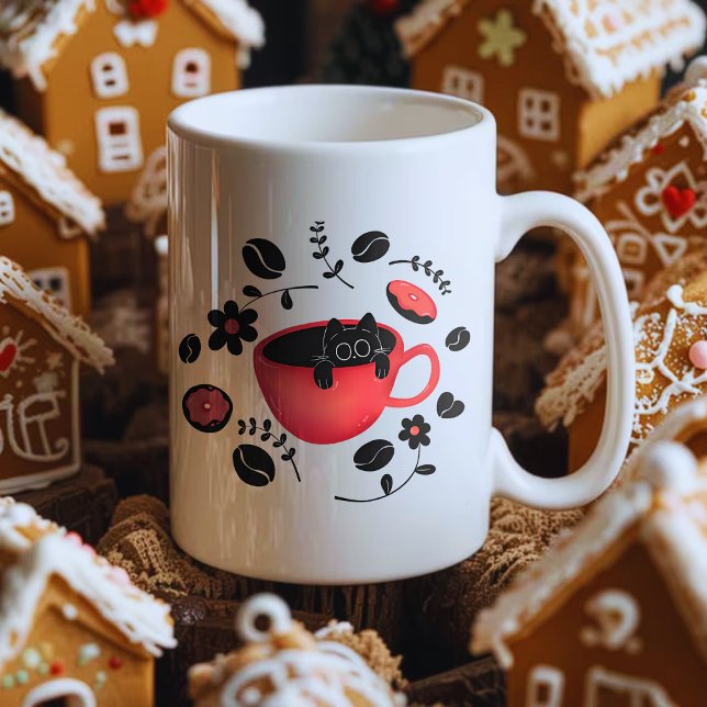 Schwarze Katze und schwarzer Kaffee Zweifarbige Tasse (Von Creator hochgeladen)