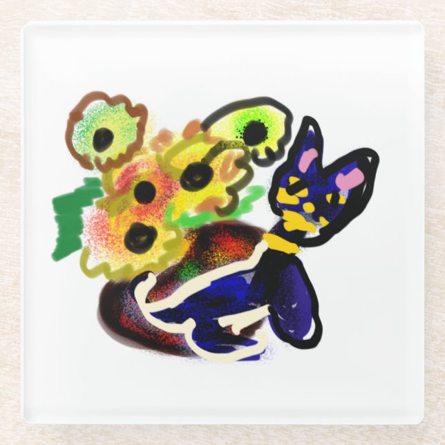 Schwarze Katze und Sonnenblumen  Glasuntersetzer (Vorderseite)