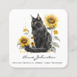 Schwarze Katze und Sonnenblumen-Platz-Geschäftskar Quadratische Visitenkarte