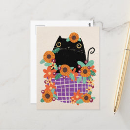 Schwarze Katze und Sonnenblumen Postkarte