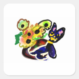 Schwarze Katze und Sonnenblumen  Quadratischer Aufkleber