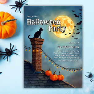 Schwarze Katze und Vollmond-Halloween-Party Einladung