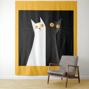 Schwarze Katze und weiße Katzen auf Schwarz Wandteppich