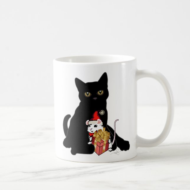 Schwarze Katze und weiße Maus Weihnachten Kaffeetasse (Rechts)