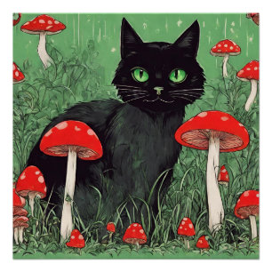 Schwarze Katze und wilde rote Pilze - Natur Poster