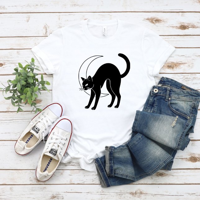 Schwarze Katze und zunehmender Mond Liniengrafik T-Shirt (Von Creator hochgeladen)