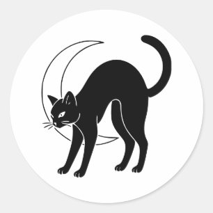 Schwarze Katze und zunehmender Mond Linienkunst Runder Aufkleber