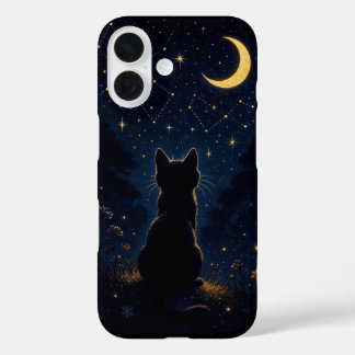 Schwarze Katze unter dem Halbmond - Magischer Nach iPhone 16 Hülle