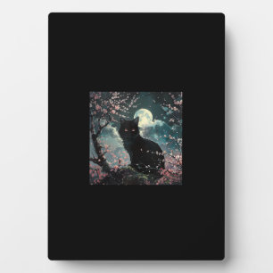 Schwarze Katze unter dem Roten Mond mit Sakura Blü Fotoplatte
