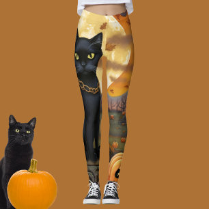 Schwarze Katze unter einem Erntemond und Pumpkins Leggings