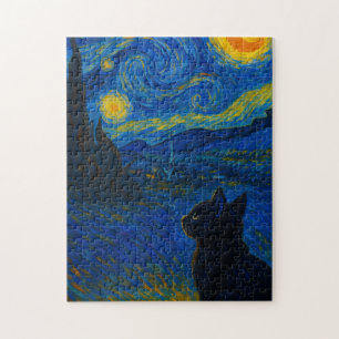Schwarze Katze unter einem sternenklaren Himmel, K Puzzle