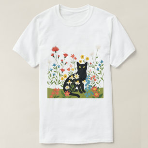Schwarze Katze unter farbenfrohen Wildblumen – Cot T-Shirt