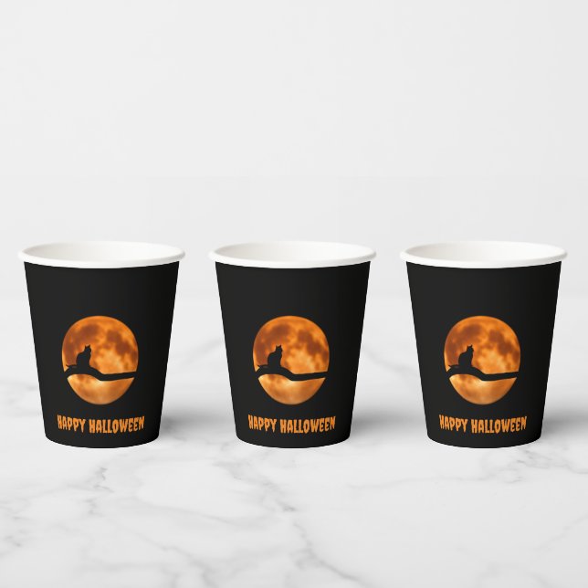Schwarze Katze unter Orange Moon Pappbecher (Multi)