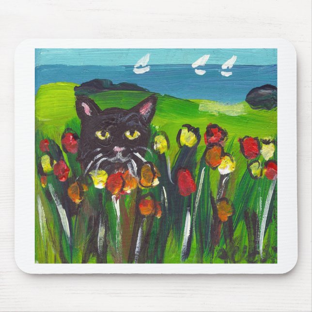 Schwarze Katze unter Tulpen Mousepad (Vorne)