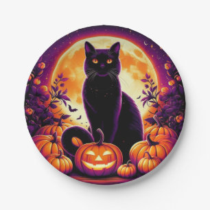 Schwarze Katze unter Vollmond Halloween 7' Papptel Pappteller