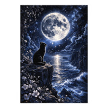 Schwarze Katze unter Vollmond Ozean Nacht Fantasy 