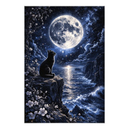 Schwarze Katze unter Vollmond Ozean Nacht Fantasy  Fotodruck