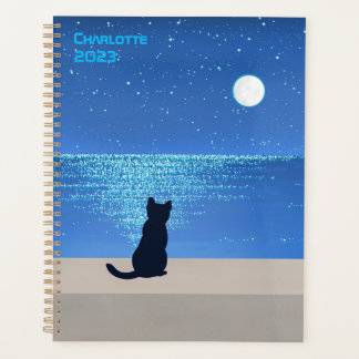 Schwarze Katze unter Vollmond Sternennacht Planer