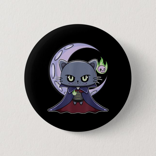 Schwarze Katze Vampir Dracula und magisches Feuer  Button (Vorderseite)