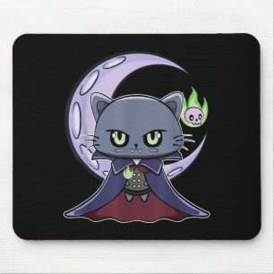 Schwarze Katze Vampir Dracula und magisches Feuer  Mousepad