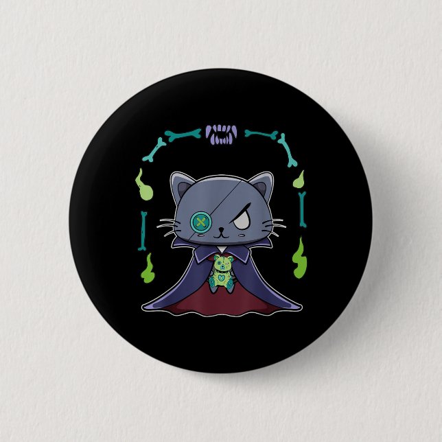 Schwarze Katze Vampir Dracula und Teddybär für Button (Vorderseite)