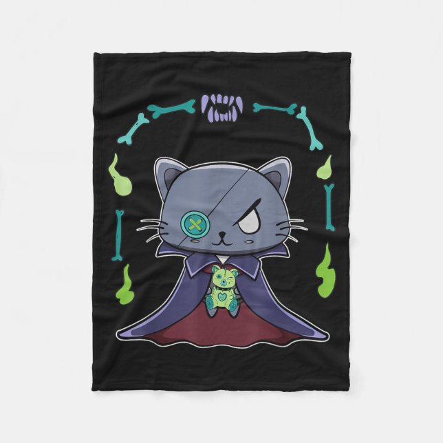 Schwarze Katze Vampir Dracula und Teddybär für Fleecedecke (Vorderseite)