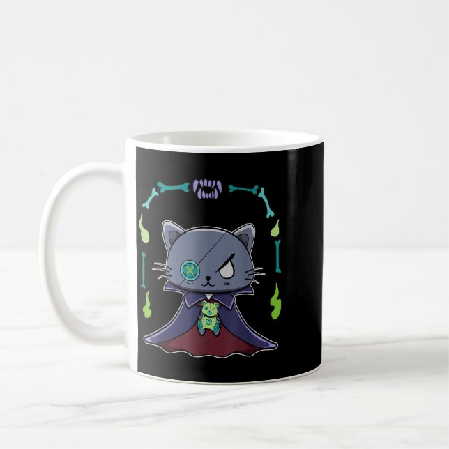 Schwarze Katze Vampir Dracula und Teddybär für Kaffeetasse (Links)
