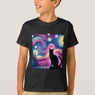 Schwarze Katze Van Gogh Sternennacht Art Herzen Va T-Shirt