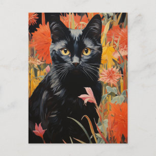 Schwarze Katze Vintage Blume Malerei Postkarte
