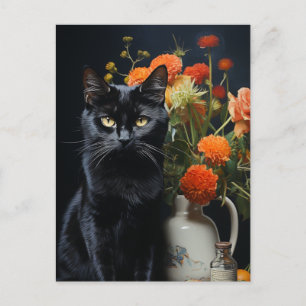 Schwarze Katze Vintage-Blumen-Stillleben-Gemälde Postkarte