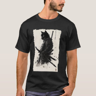 Schwarze Katze Vintage Japanischer Samurai-Katze R T-Shirt