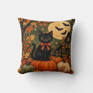 Schwarze Katze Vintage-Kürbis Halloween Herbst Dek Kissen