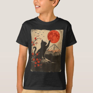 Schwarze Katze Vintage Retro Japan Art Japanisches T-Shirt