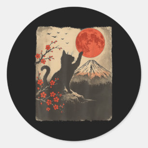 Schwarze Katze Vintage Retro Japan Kunst Japanisch Runder Aufkleber
