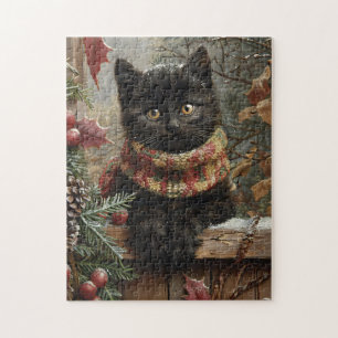 Schwarze Katze Vintage-Weihnachtskunst Puzzle