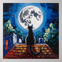 Schwarze Katze Vollmond Dachterrasse
