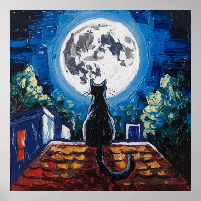 Schwarze Katze Vollmond Dachterrasse Poster (Vorne)