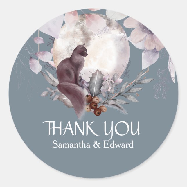 Schwarze Katze Vollmond dusky blauen Blumen danke  Runder Aufkleber (Vorderseite)