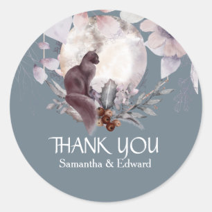 Schwarze Katze Vollmond dusky blauen Blumen danke  Runder Aufkleber