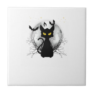 Schwarze Katze Vollmond Fledermäuse & Sternennacht Fliese