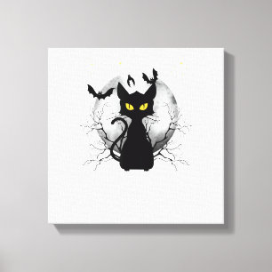 Schwarze Katze Vollmond Fledermäuse & Sternennacht Leinwanddruck