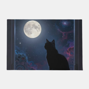 Schwarze Katze Vollmond-Galaxie-Fensterszene Fußmatte