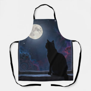 Schwarze Katze Vollmond-Galaxie-Fensterszene Schürze