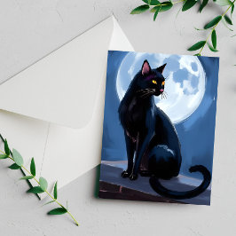 Schwarze Katze | Vollmond Haustier Malerei Karte