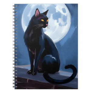 Schwarze Katze   Vollmond-Haustiermalerei Notizblock
