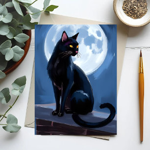 Schwarze Katze   Vollmond-Haustiermalerei Postkarte